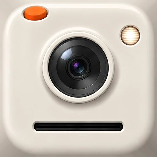 The Tinycam icon: a small instant camera in bone with an orange shutter button